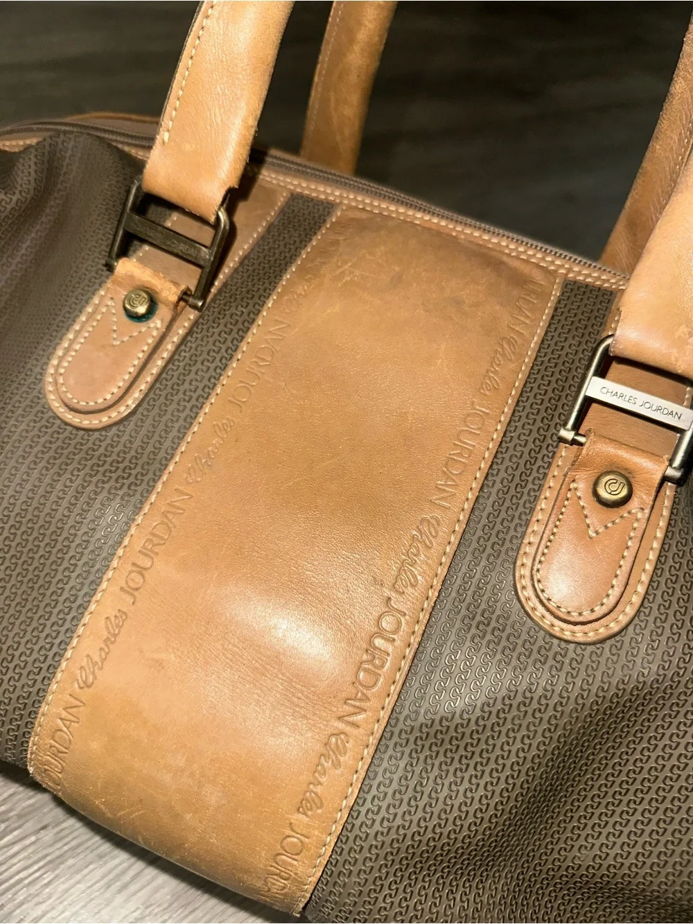 Vintage Charles Jourdan Actif Paris Boston Leather Trim Duffel Satchel Bag